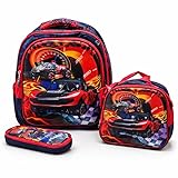 Kit Mochila Infantil Masculina Tema Carros com Lancheira Térmica e Estojo Escolar – Mochila Grande com 3 Compartimentos, Alças Acolchoadas, Ideal para Escola e Passeios