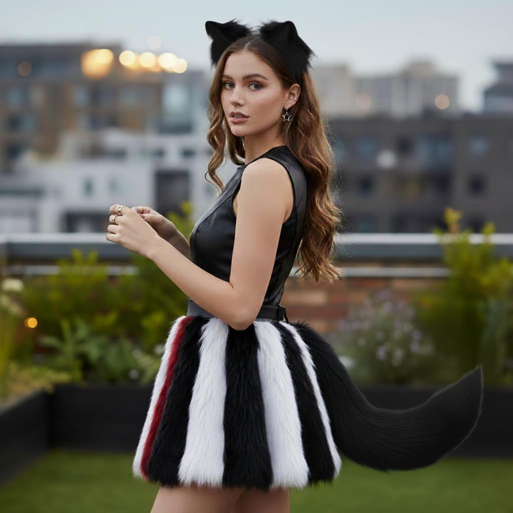 Fluffy Cat Fox Wolf Ears and Tail Set – Faux Fur Animal Headband and Tail for Cosplay, Halloween, Anime Outfits - Image 2