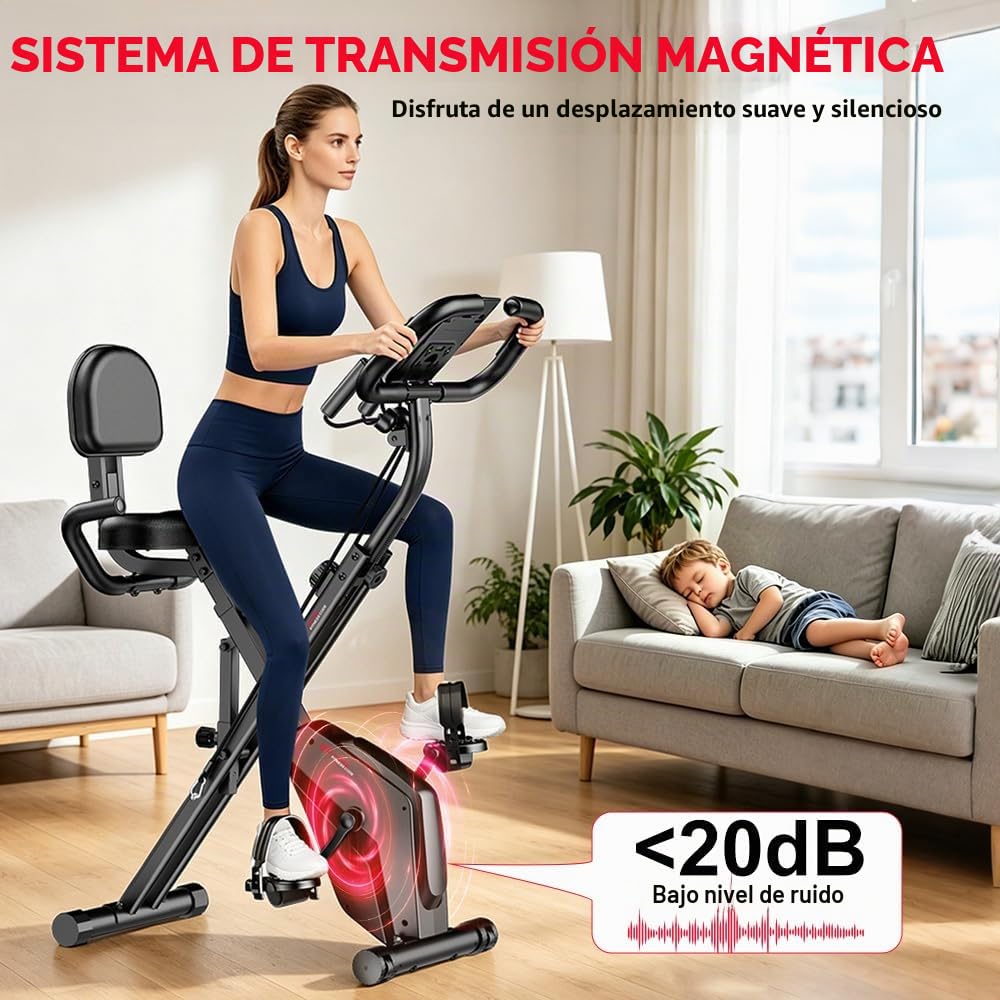 Bicicleta estática plegable silenciosa (<20dB) Bicicleta estacionaria 3 en 1 con 8 resistencias magnéticas, pantalla LCD multifuncional y soporte para tableta, para uso doméstico, altura ajustable 155