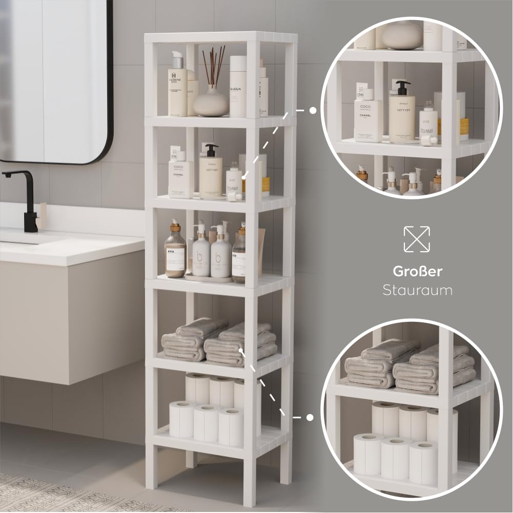 sugodesign OMBEG 6-stufiges Regal, Flexibles Standregal oder Beistellregal, Kunststoff, 10 kg Tragkraft pro Ebene, Werkzeuglose Montage, für Bad, Küche, Büro (weiß)