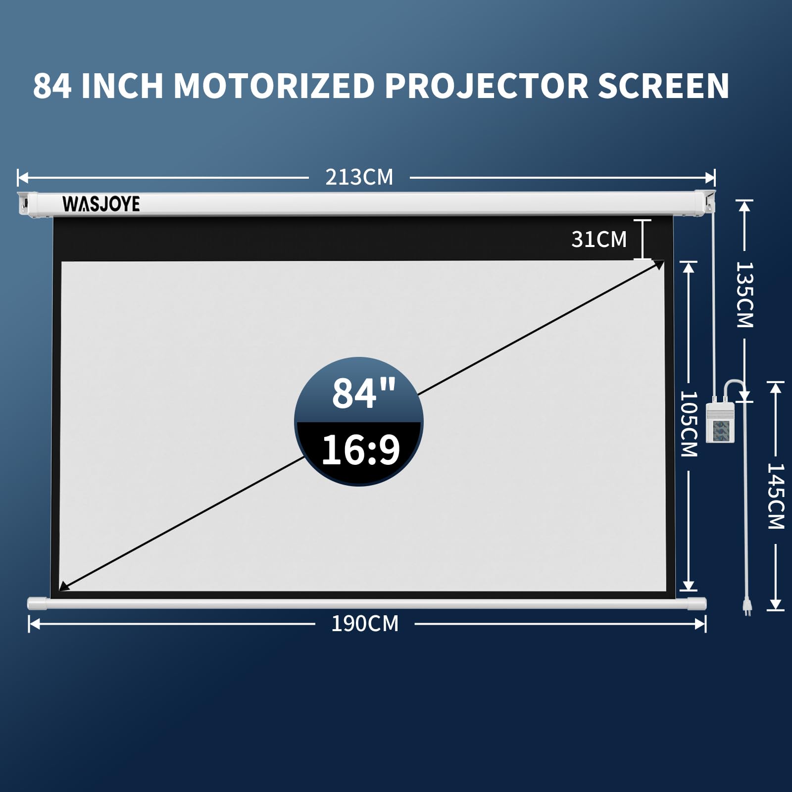 WASJOYE 84" Leinwand Beamer Elektrisch Diagonale Automatische Projektion 16:9 8K HD Filme Schirm für Heimkino Büro Videospiel Outdoor Indoor, Projector Screen W/Fernbedienung und Wand/Decke Mount