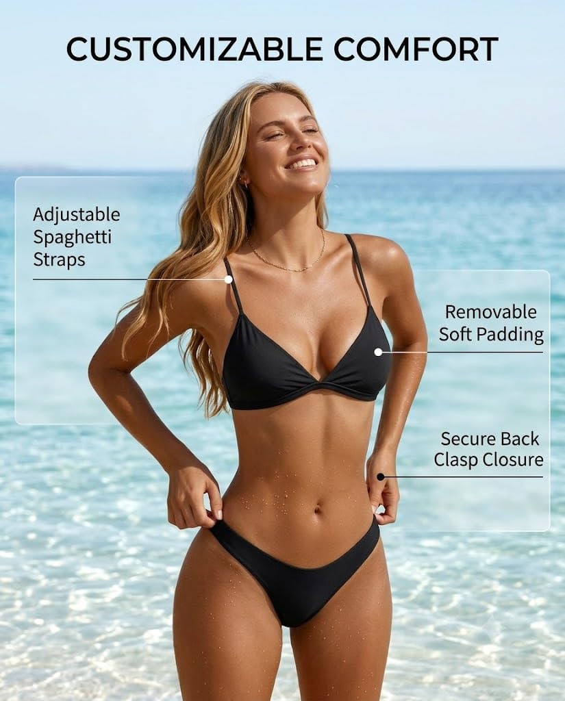 Aqua Eve Women Two Piece Bikini High Cut Swimsuit Triangle Bathing Suit Cheeky Bikini Set Black S