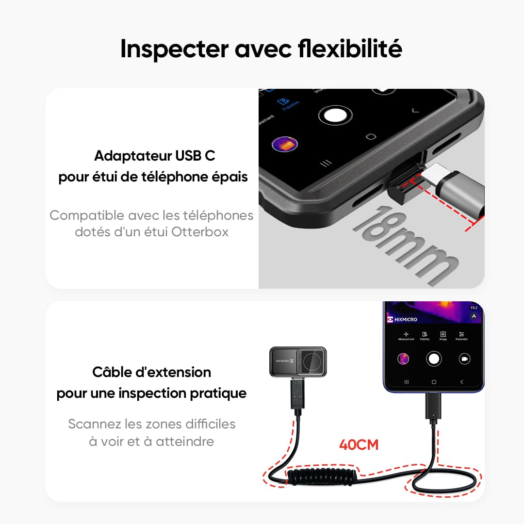 HIKMICRO Mini2 Caméra thermique Android, résolution IR 256 x 192, caméra thermique, fréquence de rafraîchissement 25Hz, angle de vue 50°, 49 152 pixels, -20°C à 350°C, USB-C(pas pour iphone).