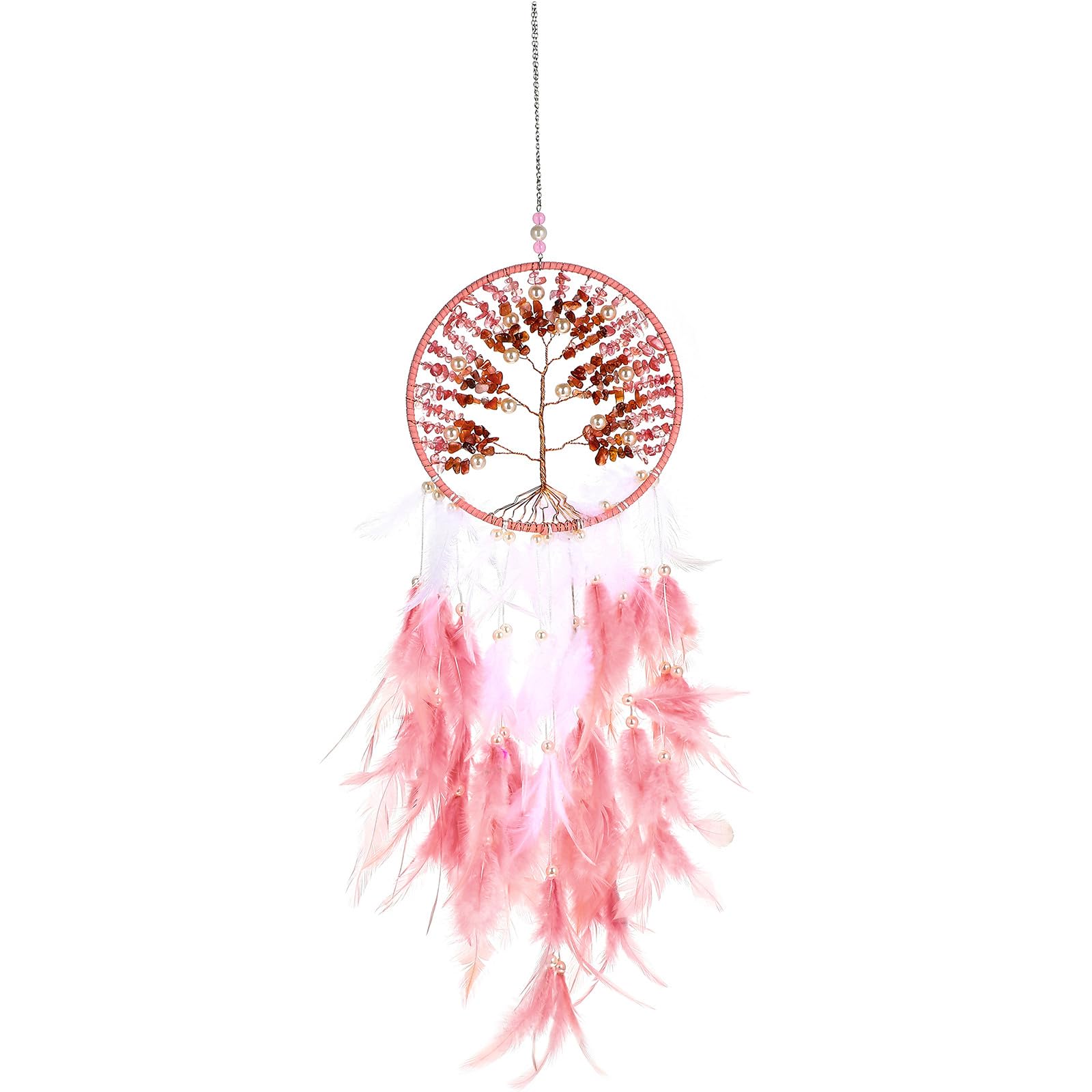 Attrape-rêves rose en plumage naturel et pendentif arbre de vie pour décoration murale chic
