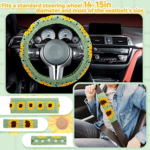 2 Pcs Crochet Steering Wheel Cover With Crochet Belt Cover Sunflowerd Handmade Crochet Flower Steering Wheel Cover For Women Girl Cars (Yellow, Dark Green) #TOP1