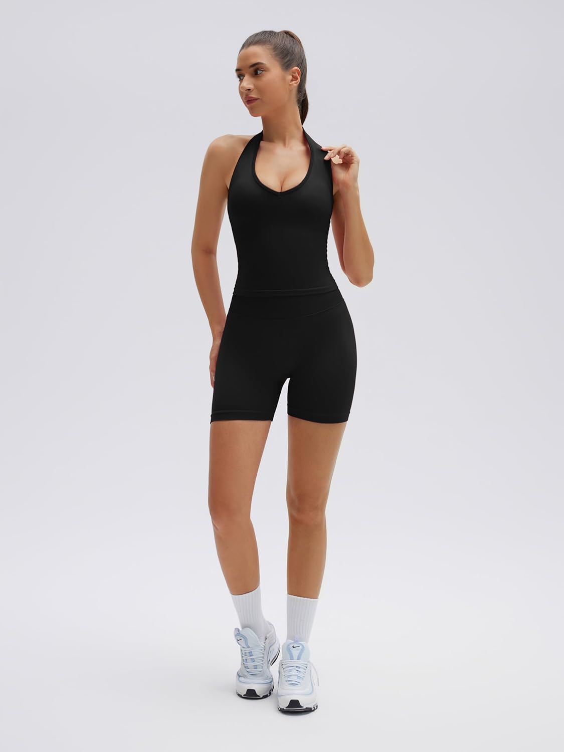 SUUKSESS Womens 2 Piece Workout Sets Padded Halter Tank Top Gym Sets Seamless Tummy Control Biker Shorts for Athletic - Image 2