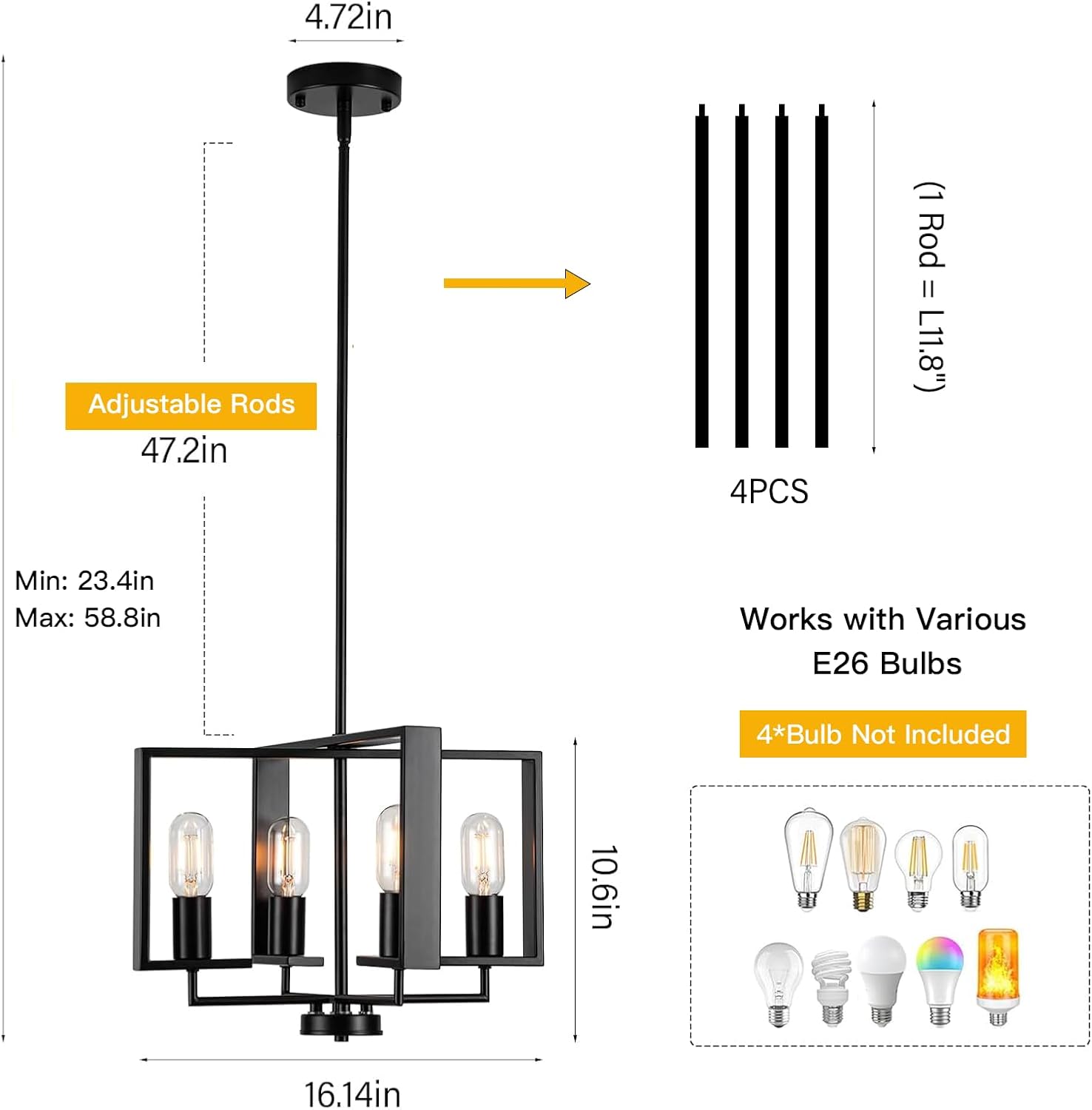 Modern Chandeliers for Dining Room, Black Farmhouse Chandelier, 4 Lights Industrial Pendant Light Fixture Adjustable Hanging Lights for Living Room Entryway Kitchen (Black, 16.14【4 Lights】)
