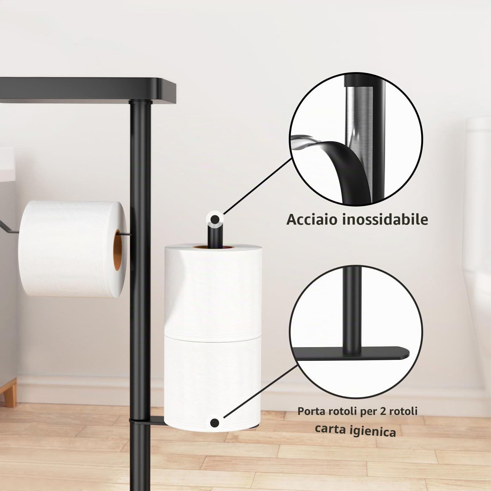 Susswiff Piantana Portarotolo e Scopino - Porta Carta Igienica Nero con Scaffale per Salviettine Umidificate, Acciaio Inox con Spazzolino WC , in Piedi