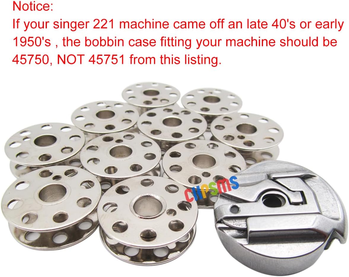 CKPSMS brand -1PCS Bobbin Case #45751(not 45750)+10 PCS bobbins#45785 Compatible with/Replacement for SINGER brand Featherweight Sewing Machine 221 222 (1PCS Bobbin Case AND 10PCS Bobbins)