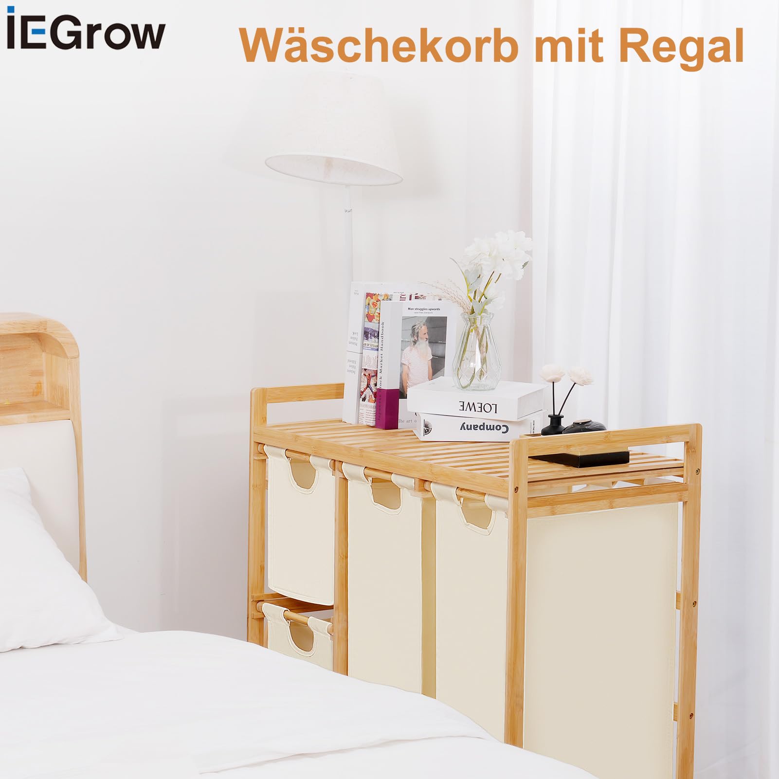 iEGrow Wäschekorb 4 Fächer 150L, Wäschesammler 4 Fächer, Bambus Wäschewagen mit Ablage für Schmutzwäsche, Push-Pull Wäschesack aus Oxford-Gewebe, 2 x 50 L, 2 x 25L Wäschebox Beige