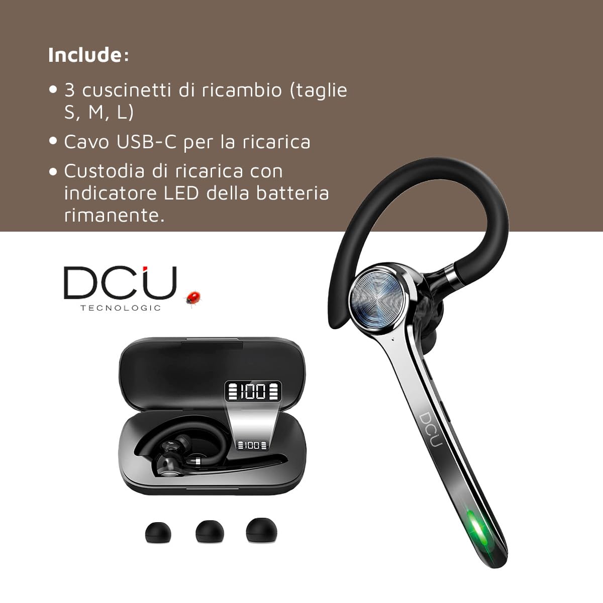 DCU TECNOLOGIC - Auricolare Mono Bluetooth 5.0 Action Pro - Auricolare wireless - Effettua e riceve chiamate - Connettività a doppio punto