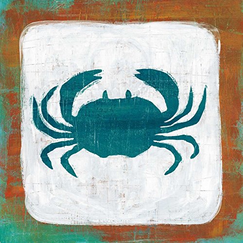 ART-CANVAS-estirado-en-BARRAS DE MADERA Ahoy V Rojo Azul Averinos Melissa - Imagen cuadrada costera azul cangrejo costero crustáceo verde océano naranja re Fine Art print 35_X_35_in