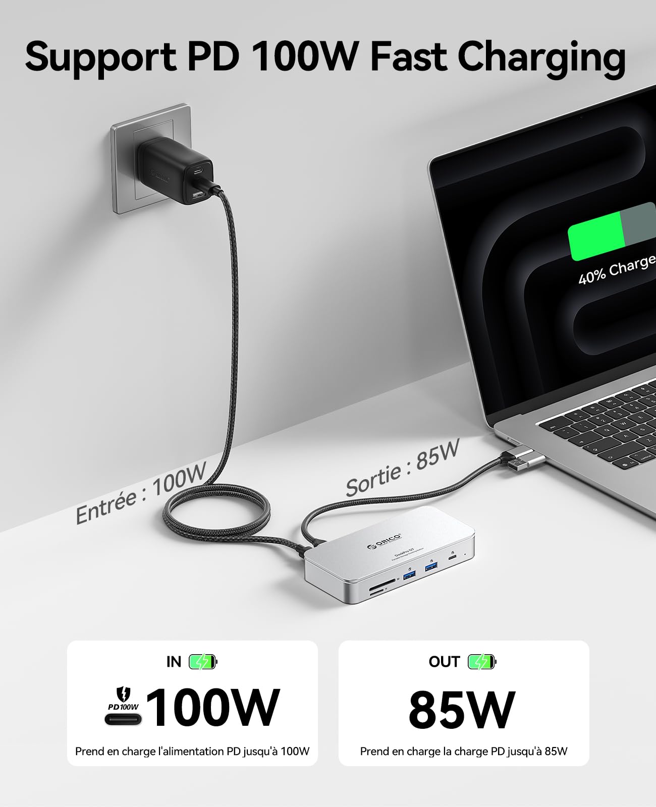 ORICO Hub USB C 7 en 1 avec boîtier SSD M.2 NVMe de 8 to, Station d'accueil avec Ports USB-C et USB-A 10 Gbit/s, 2 Ports USB-A 5 Gbit/s, 3.0 SD/TF, 100 W PD, Gigabit Ethernet, Station d'accueil
