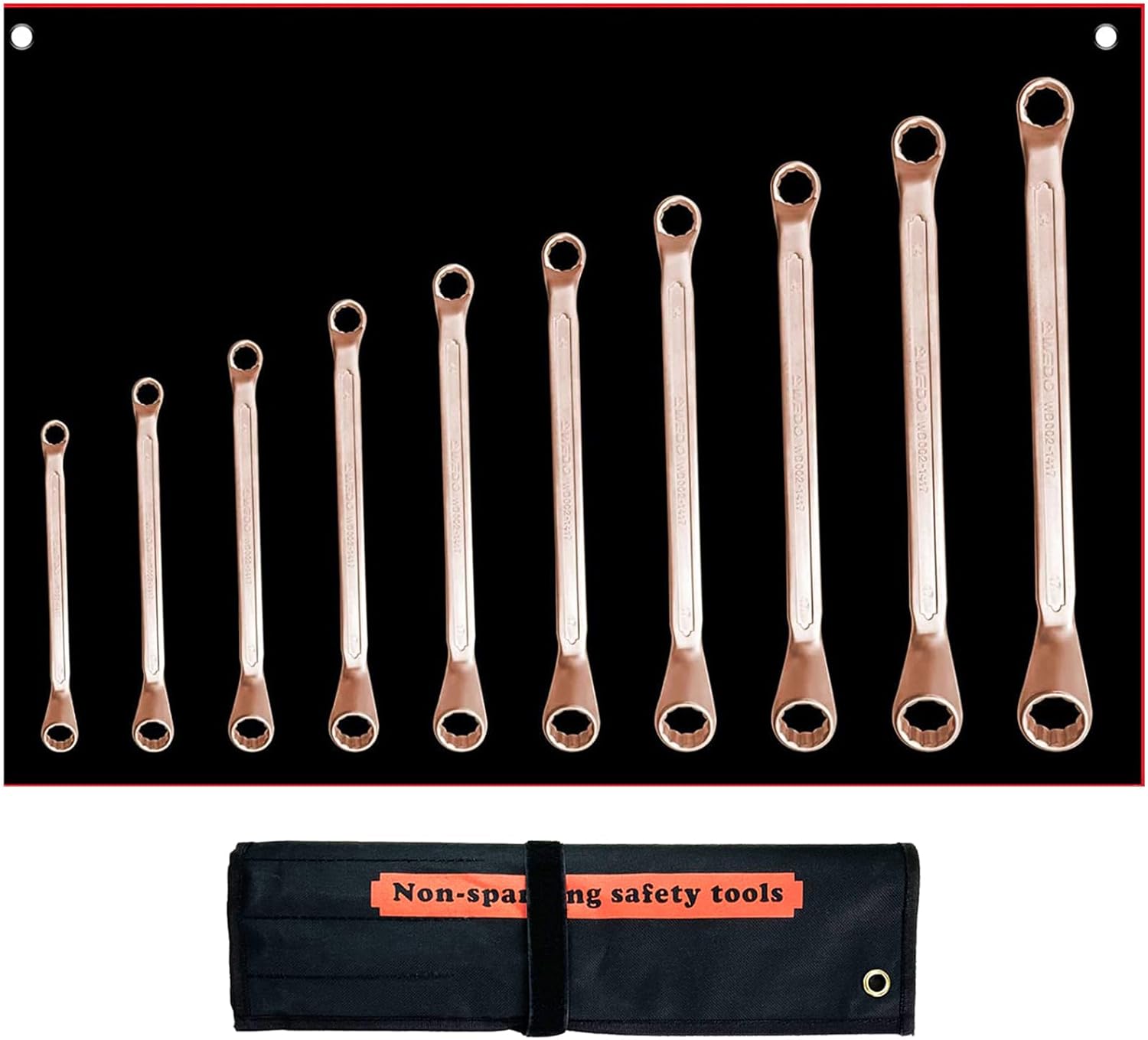 WEDO 13-Piece Non-Sparking Double Box End Wrench Set,Offset Wrench Set with Roll-up Bag,Metric 5.5mm to 32mm,Beryllium Copper,Non-magnetic,Suitable for Petrochemical Industry,Garage,Boat,Car Emergency