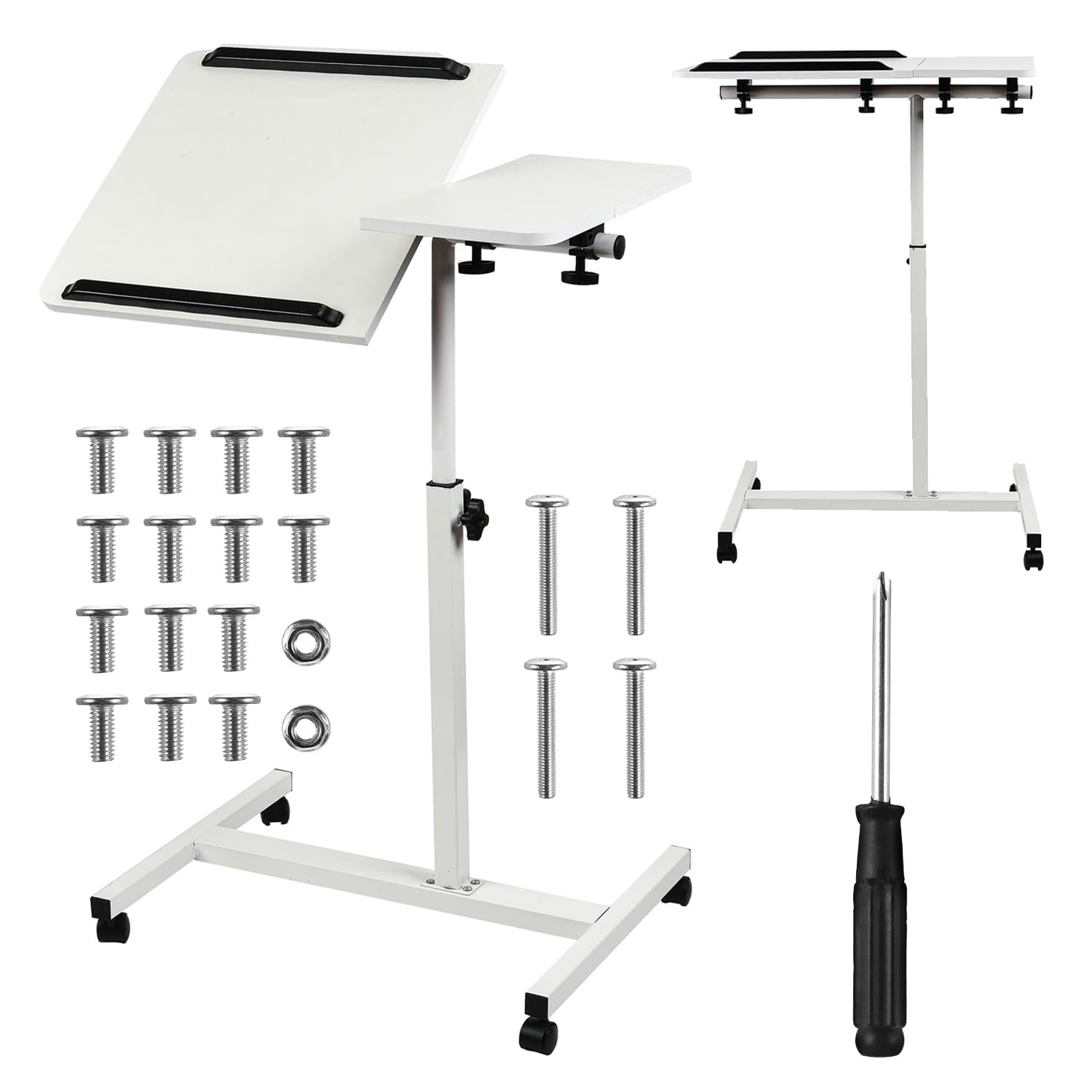 Maclean Mesa Portátil | Altura Ajustable de 59 a 89 cm | Tablero Doble Inclinable hasta 90° | Ruedas con Freno | Capacidad de Carga hasta 30 kg | Mesa Ergonómica para Ordenador (Blanco)
