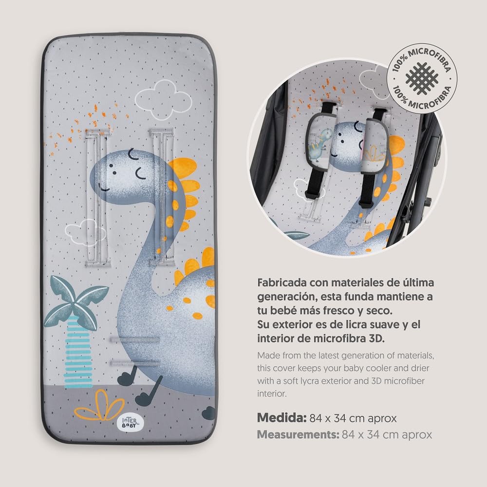 Interbaby Materassino per passeggino, universale, estivo, con palma, grigio, traspirante, confortevole, 100% cotone, 84 x 34 cm, protezioni per imbracatura
