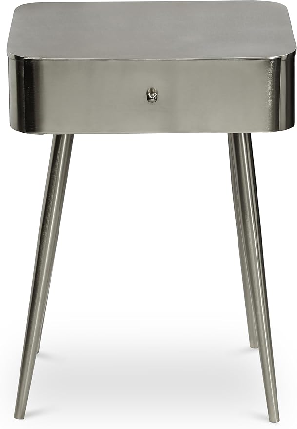 Meridian Furniture 331Silver Rylan Collection Modern | Contemporary Night Stand with Brushed Silver Metal Nightstand/Side Table, 1 Storage Drawer, 17" W x 14" D x 23" H, Silver