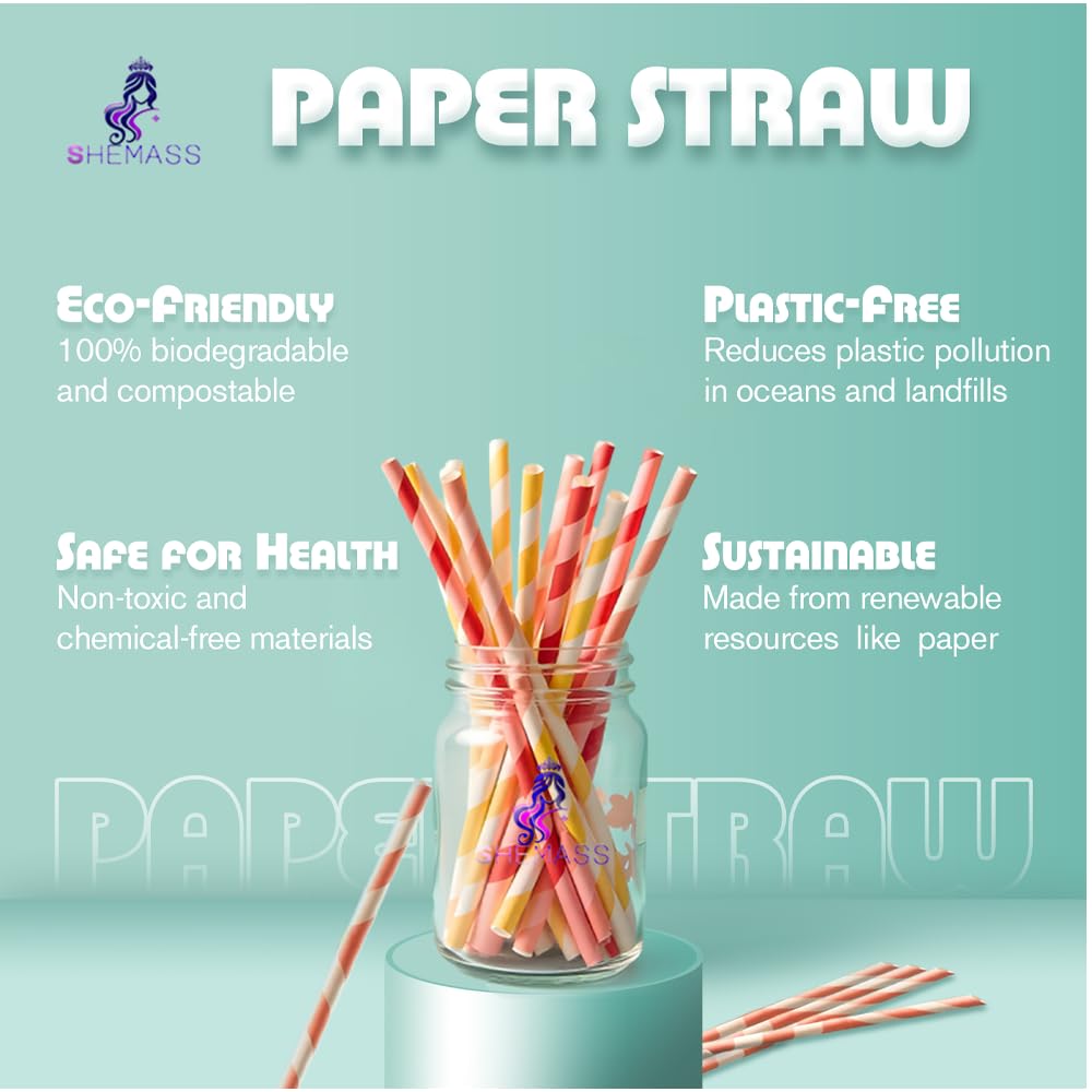 Pajitas de papel desechables, paquete de 100, pajitas duraderas (color multicolor, 8 mm)