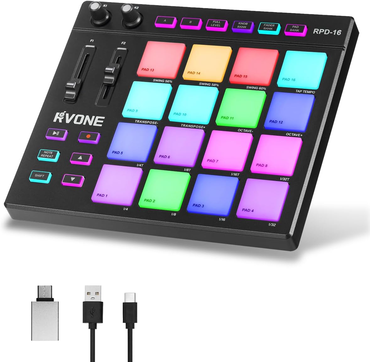 USB MIDI Pad Controller with 16 Velocity Senstive Drum Pads| 7 RGB Lights