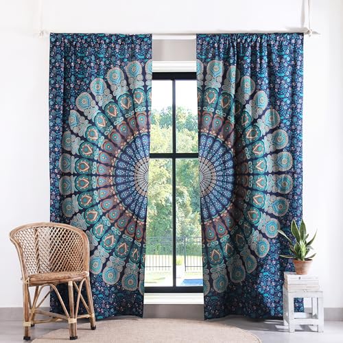 Popular Handicrafts Blue Hippie Mandala Curtains 74 Inch Length for Living Room Bedroom 2 Panels Set Light Filtering Semi Sheer Window Curtains 50