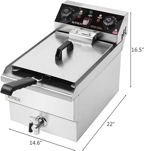 Miniatura 6 de ROVSUN Freidora eléctrica de 12.5 cuartos de galón con canasta, temporizador, drenaje y tapa, freidora de aceite comercial de acero inoxidable de un