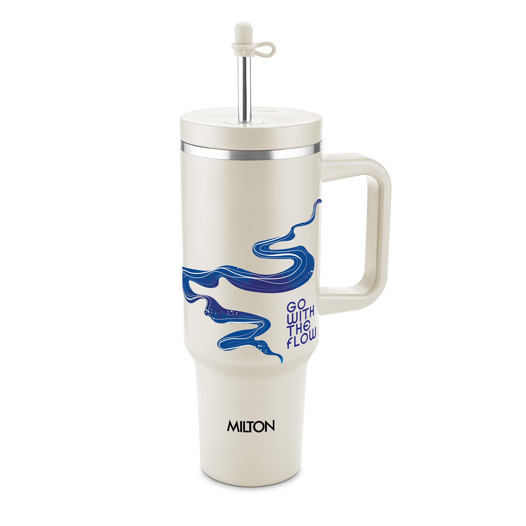 MILTON My Tumbler Studio 1200 Thermosteel Double Wall Vacuum Insulated SS Tumbler with Handle 1100ml, Leak Proof Travel Mug, Straw, Silicon Cap Cleaning Brush, Hot & Cold Beverage Flask, Ivory Flow
