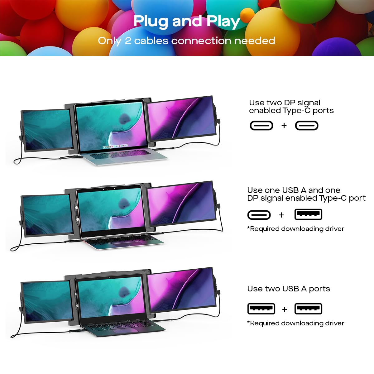 Portable Monitor - Mobile Pixels 13.3'' Trio Monitor for 13''-14'' Laptops with Built-in Kickstand, 1080P Full HD IPS Triple Screen, USB A/Type-C Plug and Play, Windows/Android/Mac (Optional Magnets), view 6