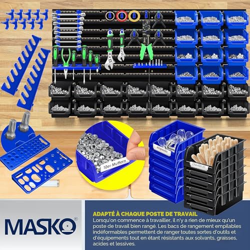 Masko® Tablette Murale + Boîtes empilables + Boîtes à Outils, Extensible, Tablette d'atelier, Tablette de Rangement, Boîtes de Rangement Visibles, 45 pièces - Noir/Bleu – vue 5