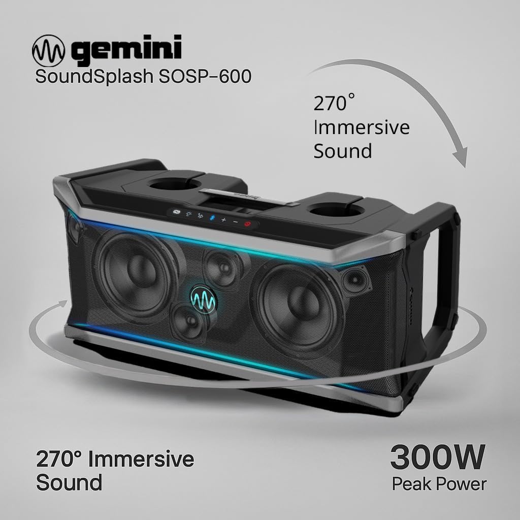 Diagram of Gemini SoundSplash SOSP-600 speaker highlighting 270-degree immersive sound and 300W peak power.