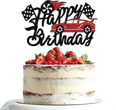 Car Cake Topper Happy Birthday Sign Cake Decorations for Man Kids Boys Racing Car Checkered Flag Themed Baby Party Supplies