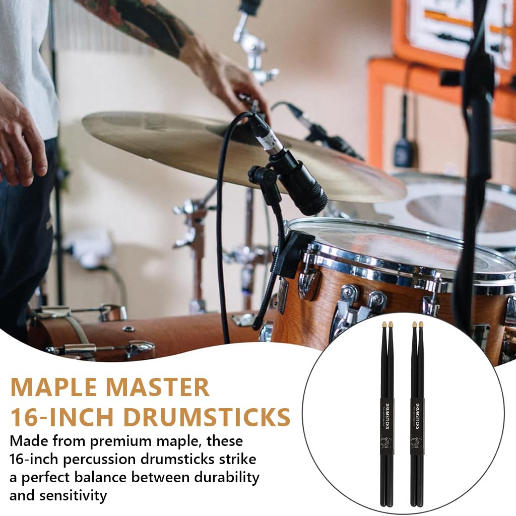 HASTHIP® 2 Pairs 5A Maple Wood Drum Sticks, 16" Percussion Wood Drumsticks Drum Accessories for Adults & Youth, Oval Wood Tip, Perfect for Pros and Beginners - Black 2