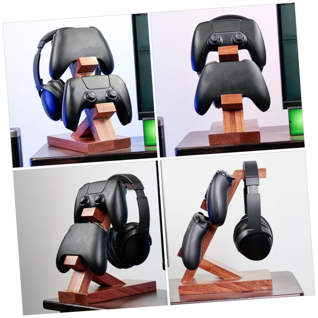 POPETPOP Supporto Design Semplice per Controller e Cuffie in Legno Marrone Organizer da Tavolo per Accessori Gaming per Area Intrattenimento