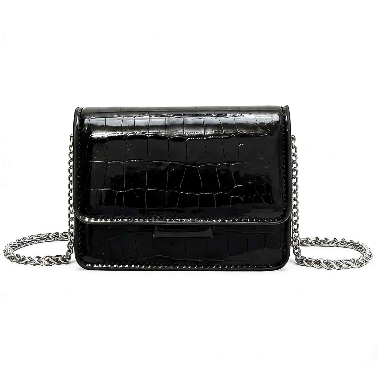 Motesun Mini Crossbody Bag for Women – Patent Leather Crocodile Purse with Silver Chain Strap, Small Clutch for Evening Party