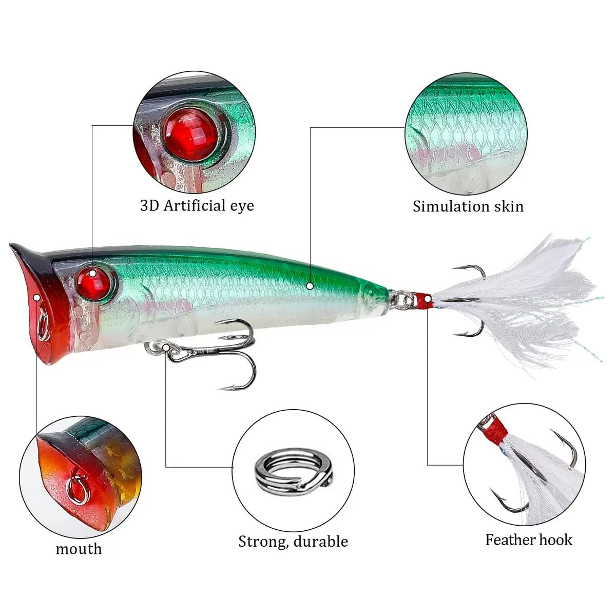 Popper - Señuelos de pesca para agua superior, cebos duros con ojos 3D, cebo de natación con gancho agudos para lubina, trucha, agua dulce, agua salada