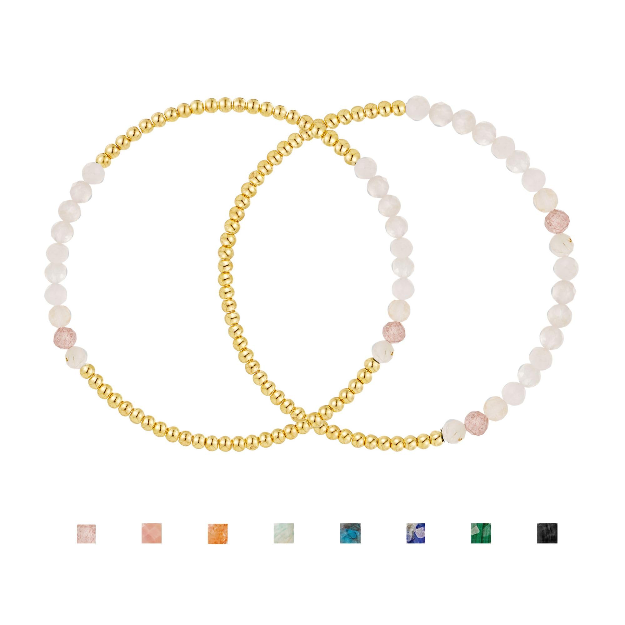 Kainier Gold Beaded Bracelets for Women 2Pairs 14K Gold Plated Stretch Bracelet Set Stackable Tarnish Dainty Natural Stone Bead Bracelets Gift