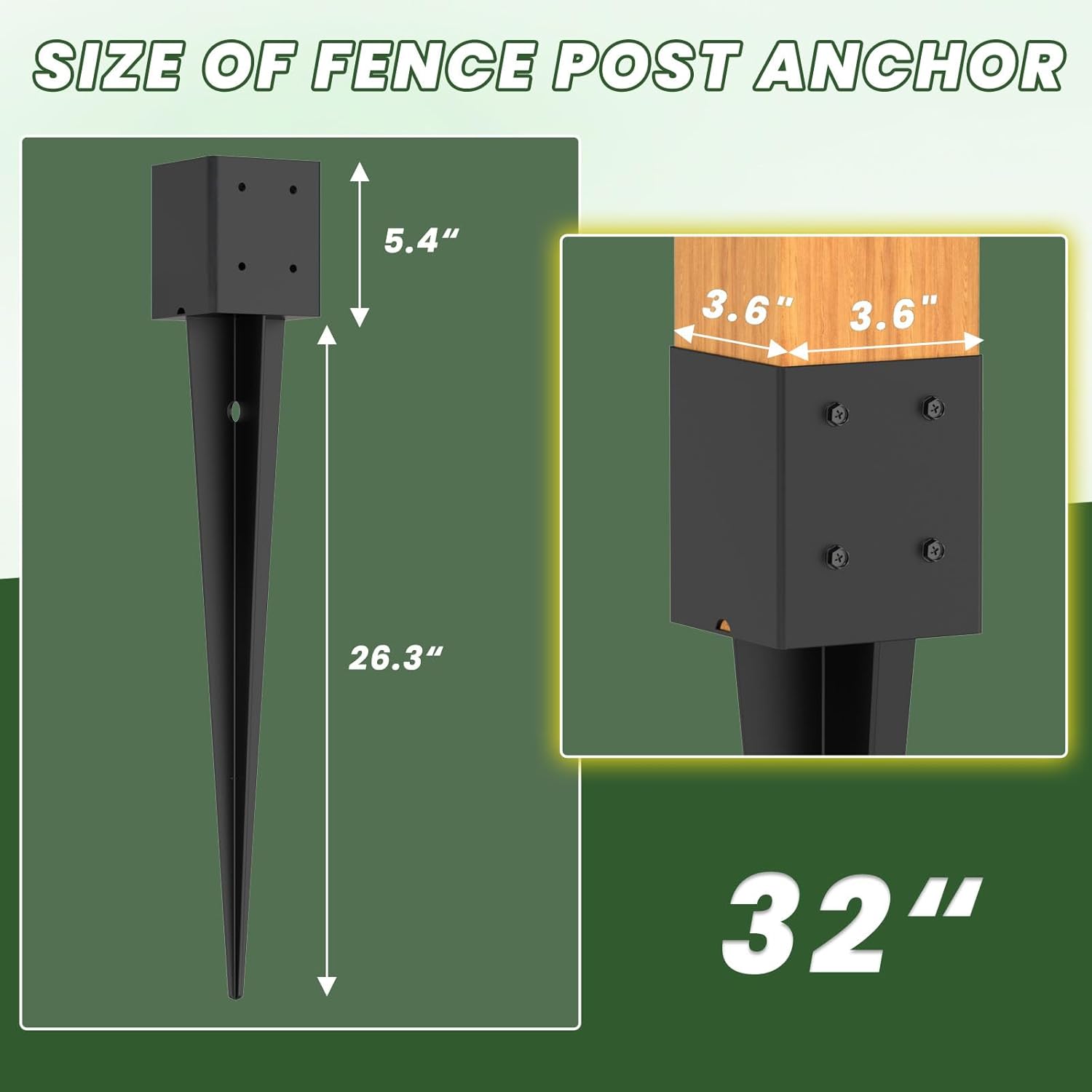 2 pcs 4"x4" fence post anchor ground spike 32"(actual: 3.6"x3.6") heavy duty metal fence post anchor, black powder-coated, for fence,deck,bird feeder,railing,mailbox 32 inch 2