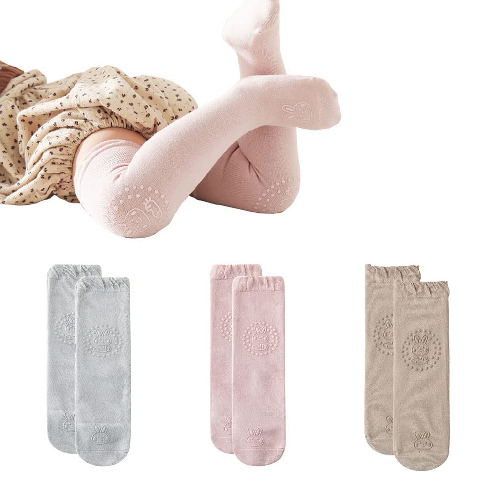 Dzozo Grey, Curry, Pink 3 Pcs Baby Knee Pads Baby Kids Anti-Slip Socks Baby Crawling Anti Slip Leg Warmers Knee Protectors Baby Knee Pads Crawling Socks Toddlers Leg Warmers Knee Protector Leg Sleeves For Baby Kids