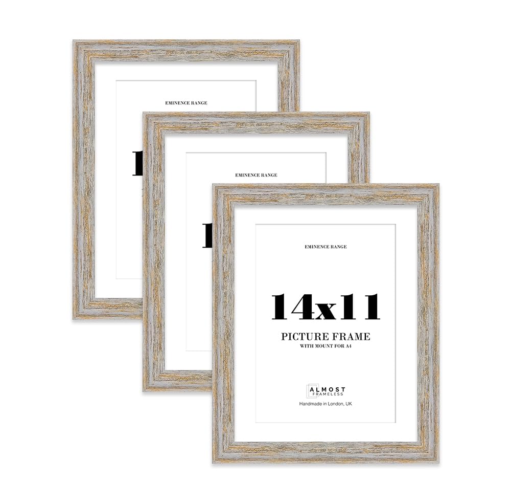 14x11" Walnut Woodgrain Picture Frame with A4 Mount - Shabby Chic Photo Frame with Distressed Finish, Wall Hooks and Kickstand, 32mm Edge - 3 Pack