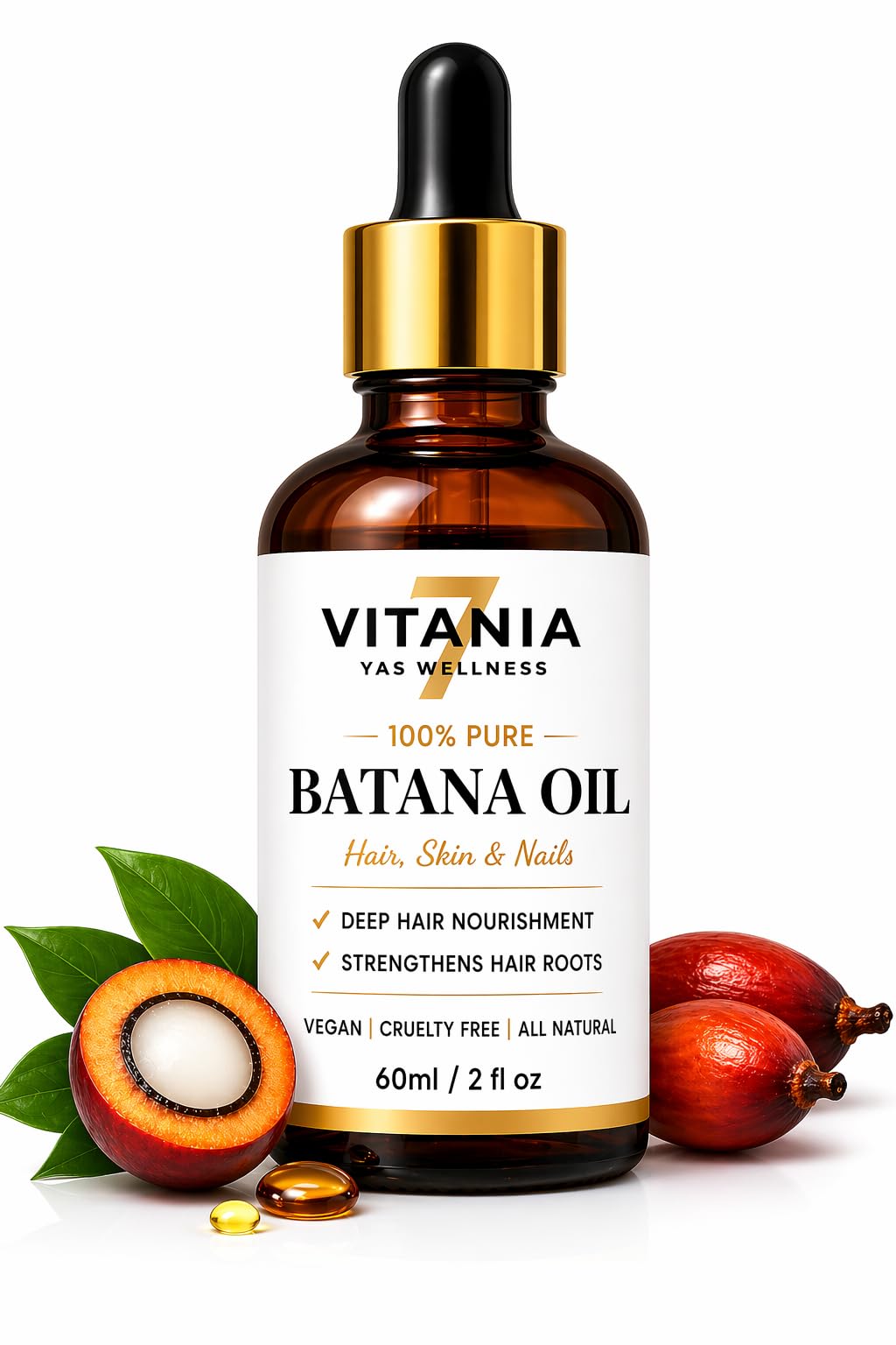 VITANIA Batana Oil for Hair, Skin and Nails - 100% Pure Cold Pressed, Vegan, Cruelty Free and Honduras Sourced - Stronger, Thicker Looking Hair For Men & Women Scalp - 2 fl oz (60ml)