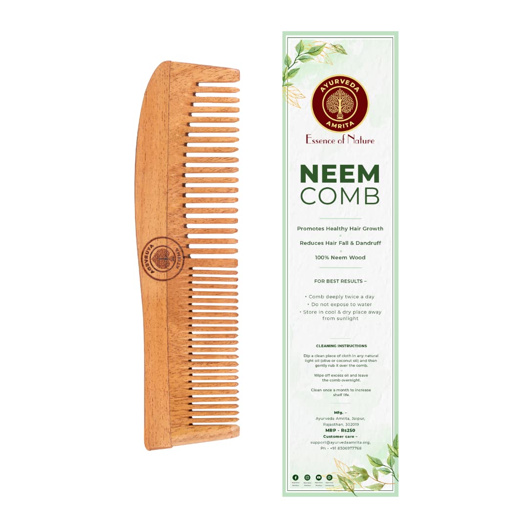Neem Twin Tooth Wood Comb for Hair Growth, Helps in Dandruff Removal, Fine and Wide Tooth