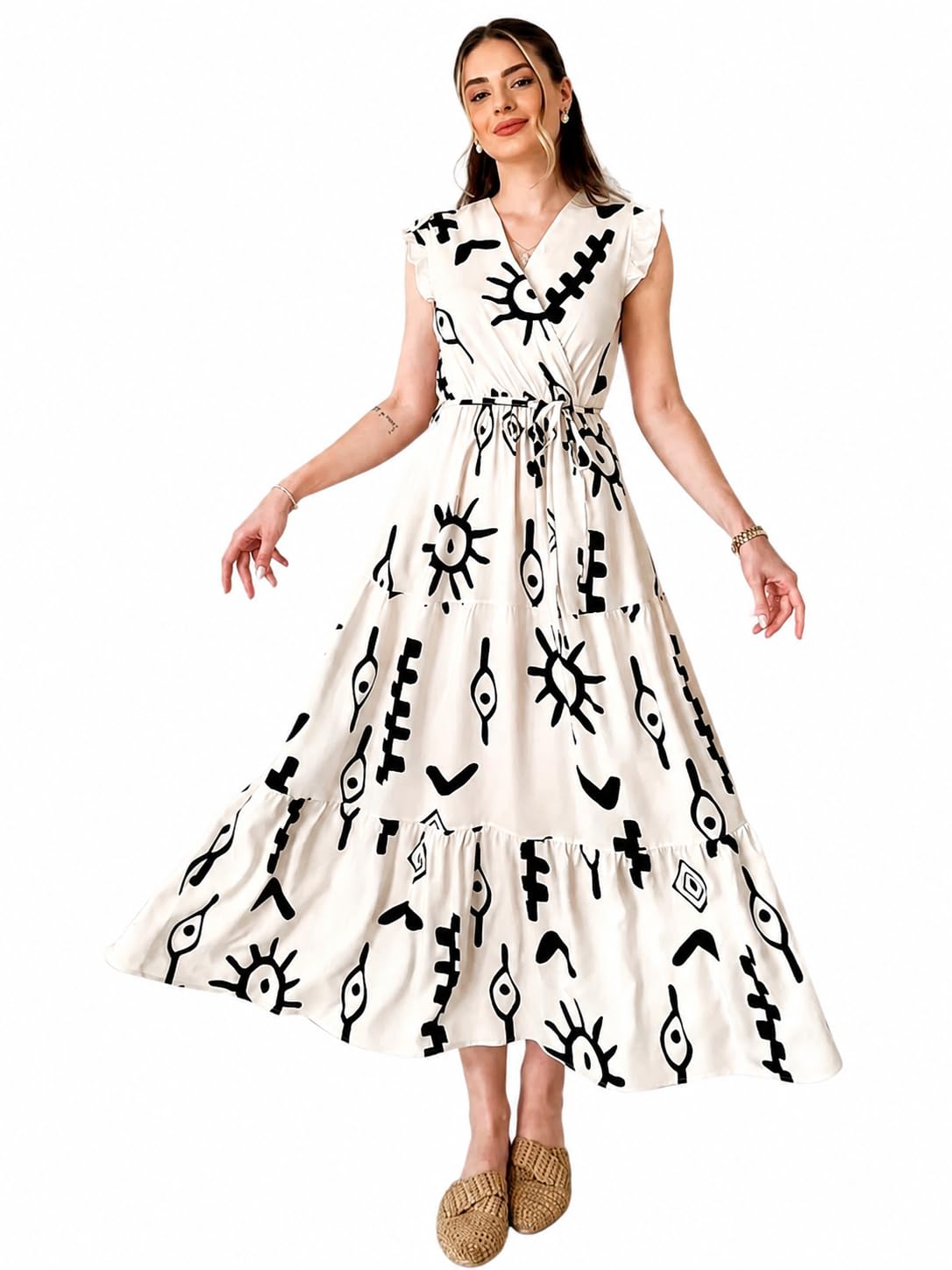 OM SHRI Women Printed Maxi Dress | Stylish V Neck Flared One Piece Dress for Women | Casual Sleeveless Western Dress | Soft Long Dress for Summer Wear-image-18