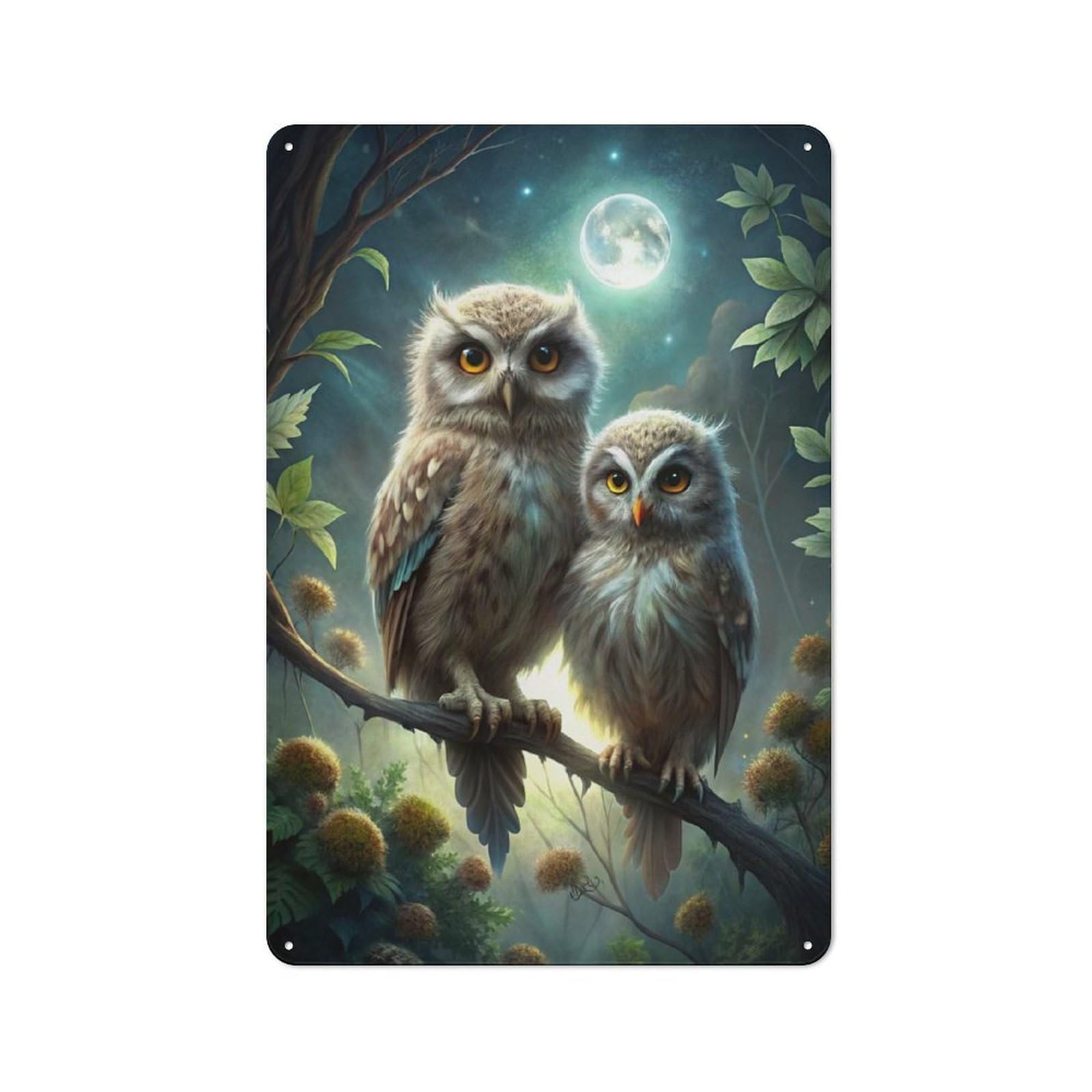 Two Owls Perched Under Moonlight Rustic Tin Sign 30x20cm, Shed Style Utility Space Decor for Patio Bar, Workshop, Shed Or Kitchen