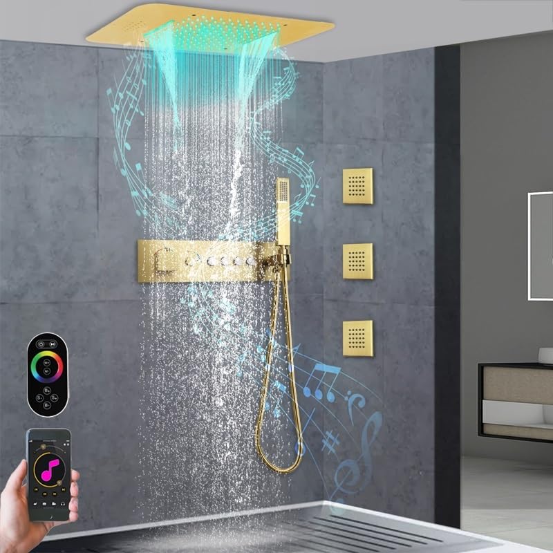 Set Rubinetto Doccia termostatico for Bagno con Cascata a Pioggia, soffione Doccia a LED da 23 * 15 Pollici Incorporato a soffitto con di Altoparlanti Musicali(I Brushed Gold)