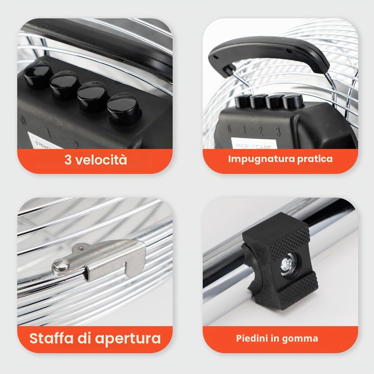 PROFI CARE PC VL 3066 WM - Ventilatore da pavimento retrò - 100 W - 45 cm - Indicatori LED - 4 livelli (0-1-2-3) - Silenzioso - Cromo