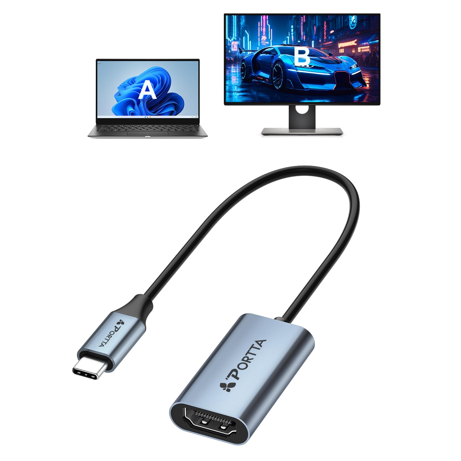 Portta USB C to HDMI Adapter 4K, Type C to HDMI Adapter, USB-C to HDMI Converter, [Thunderbolt 3/4] to HDMI Adapter Compatible with Laptop MacBook Pro/Air, Laptop, Silver