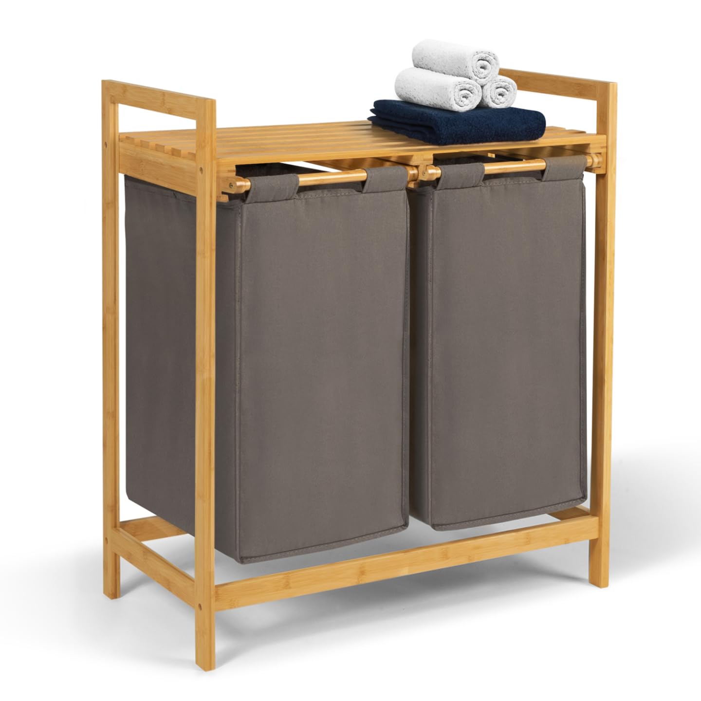 IDMarket - Panier à Linge 2 bacs Bambou BEA Tissu Gris foncé