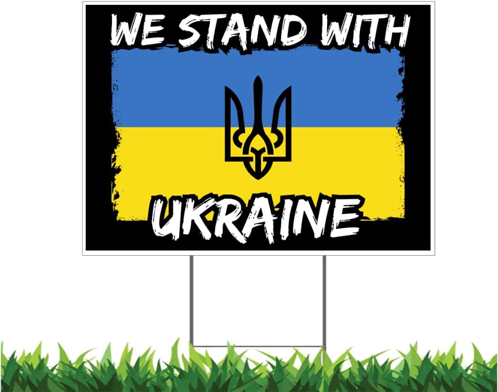 Support Ukraine Yard Sign – Double Sided Outdoor Lawn Sign, Weatherproof Corrugated Plastic, Includes Metal H-Stake, Blue Yellow Flag Design (White, 24x18 Inches)
