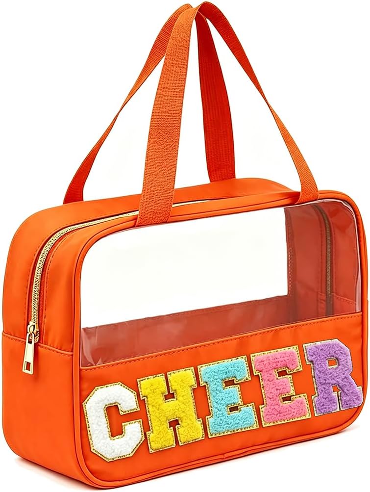 Cheer Makeup Bag, Cheerleader Gifts for Team, Chenille Letter Patch Clear Cosmetic Bag with Handle and Zipper, Waterproof Nylon Travel Toiletry Organizer for Girls Women, Cheer Competition Must Haves