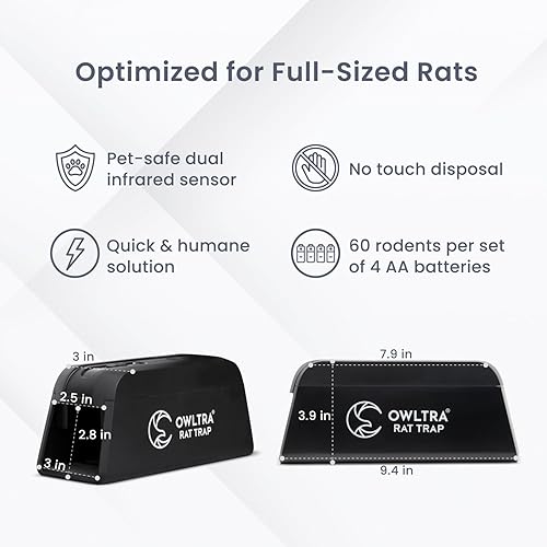 Miniatura 2 de OWLTRA OW-1 Trampa eléctrica para ratas para interiores, 2 unidades, mata instantáneamente roedores con gatillo seguro para mascotas, color negro