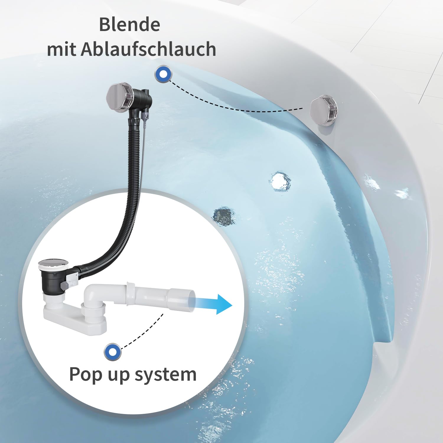 AQUADE Set completo de desagüe para bañera y rebosadero, diámetro 40/50 mm, cromado, desagüe para bañera, función Pop Up con tapón de olor excéntrico y cubierta de rebosadero de bañera